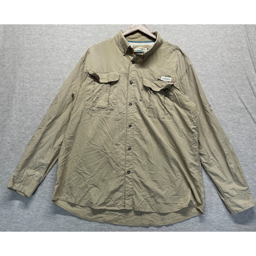 Magellan Outdoors Fishing Shirt Men XL Beige Relaxed Fit Moisture Wicking Hiking
